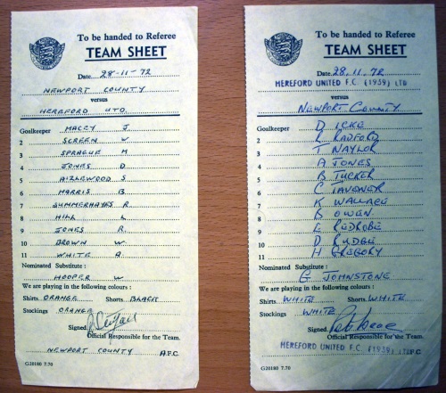 Hereford Utd v Newport County November 1972 Signed Teamsheets