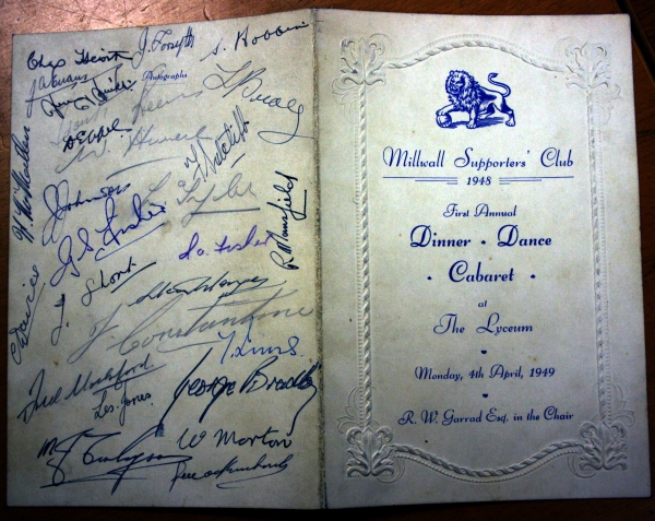 1948 Millwall Supporters Club Dinner Dance Menu - Signed