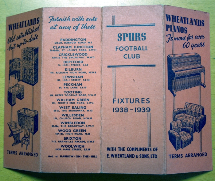 Tottenham Hotspur 1938/9 Fixture Card