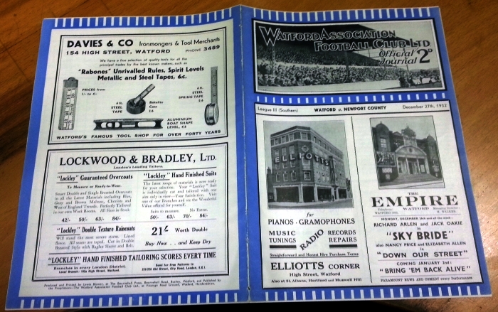 Watford v Newport County December 1932 Programme