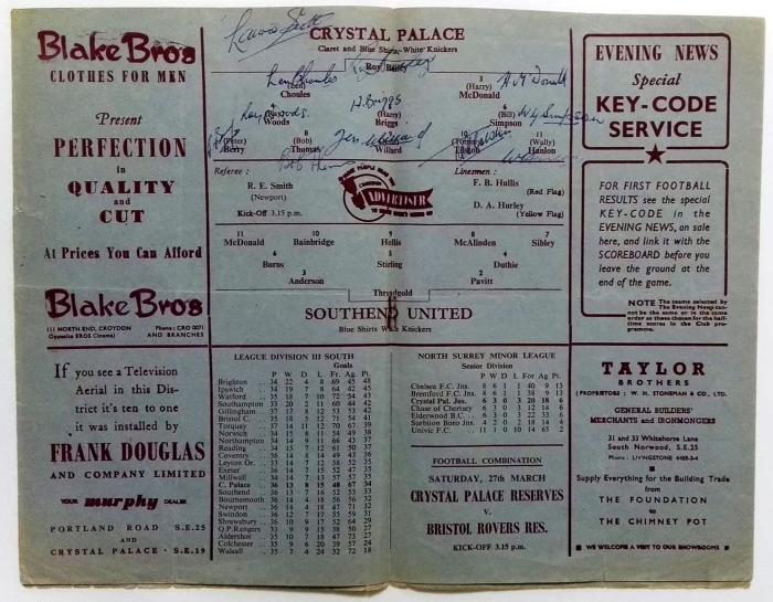 Crystal Palace v Southend United 1954 Signed Programme