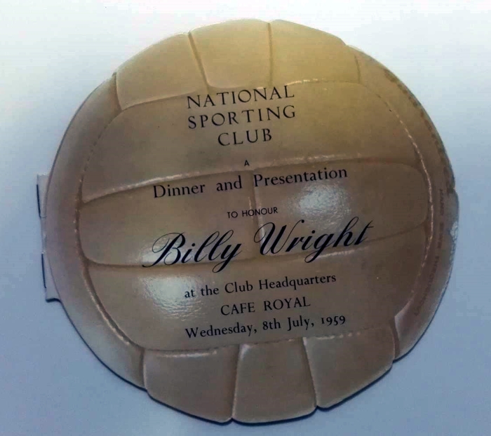 Billy Wright - Dinner And Presentation Menu 1959