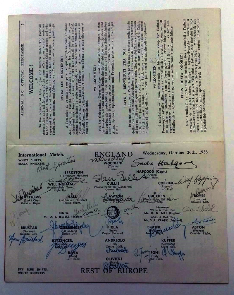 England v Rest Of Europe 1938 Signed Programme