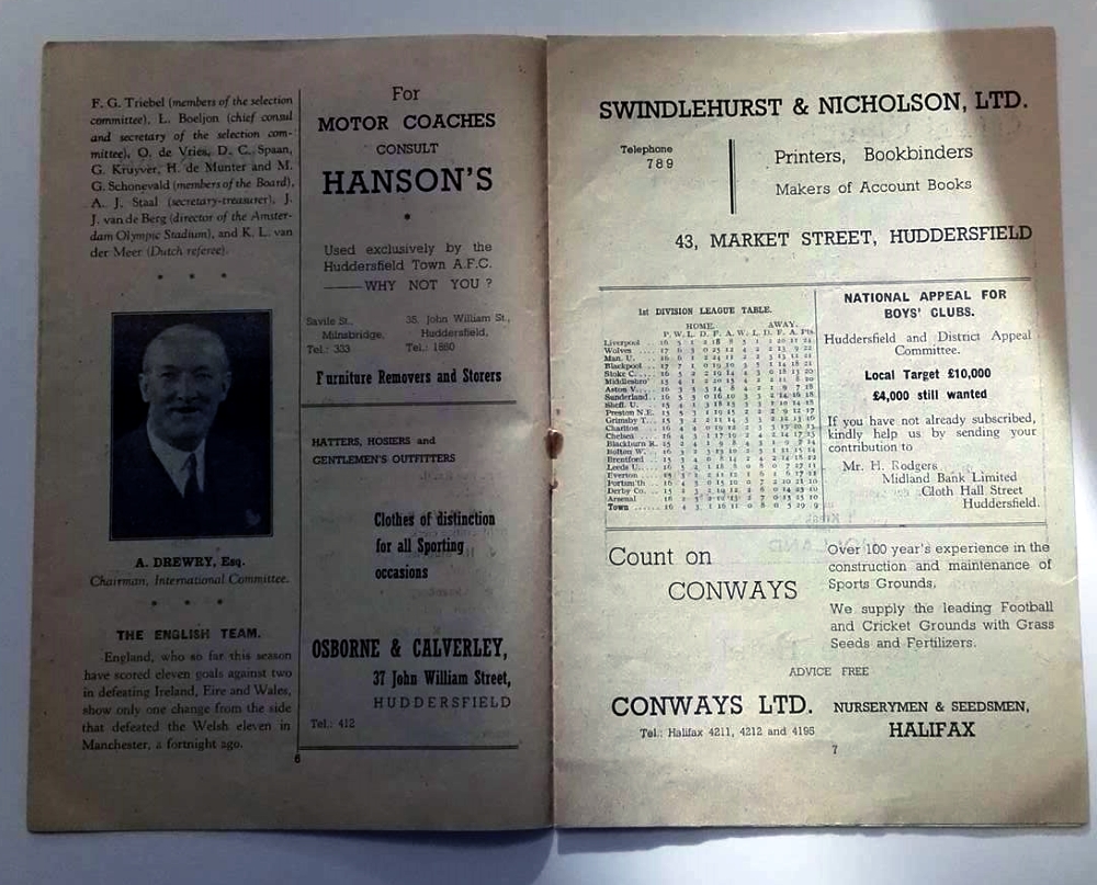 England v Holland Programme & Signed Menu 1946 programme inner
