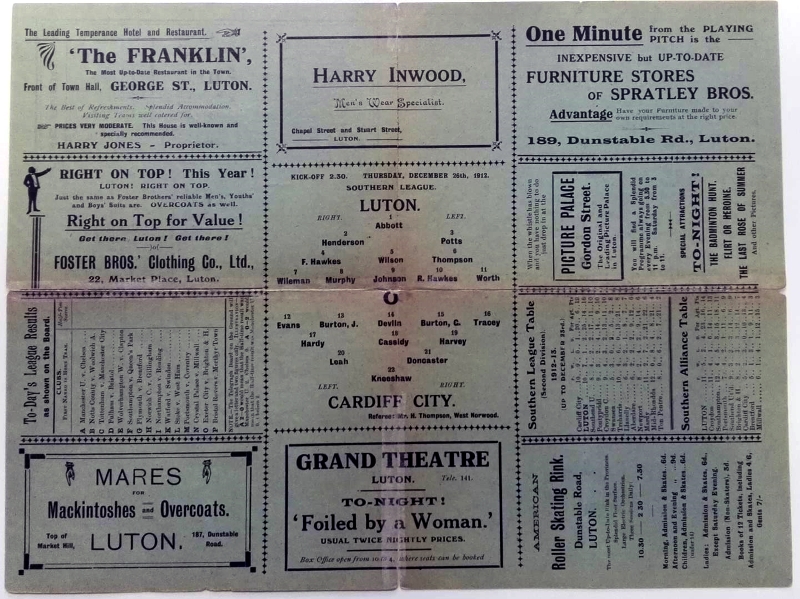 Luton Town v Cardiff City Dec 1912 Programme Inner