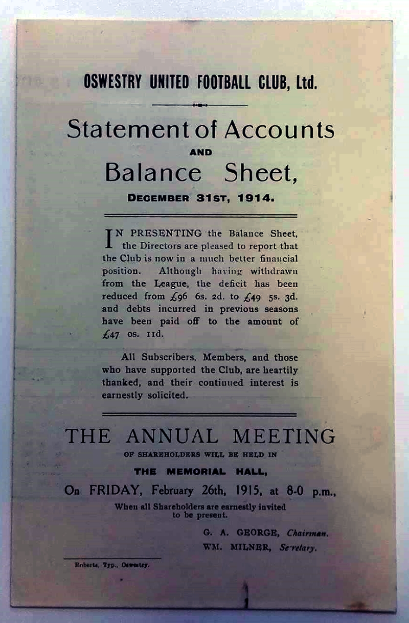 Oswestry United Statement Of Accounts 1914 Front