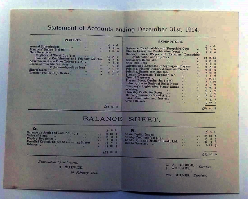 Oswestry United Statement Of Accounts 1914 Inner