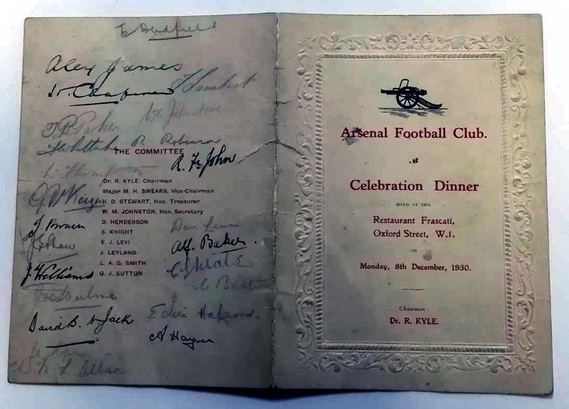 Signed Arsenal Celebration Dinner Menu December 1930 Rear