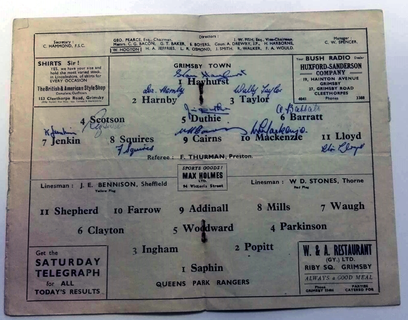 Signed Grimsby Town v QPR Programme February 1951 Inner