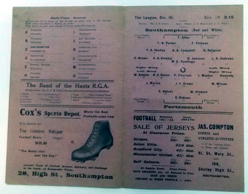 Southampton v Portsmouth March 1922 Programme Inner