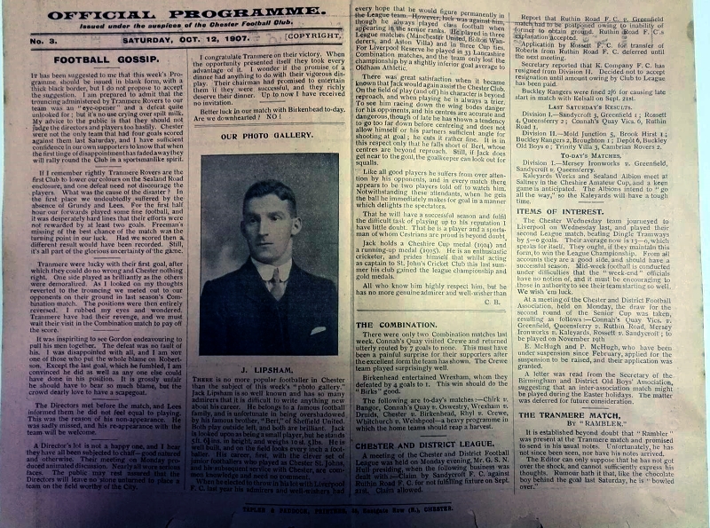Chester vs Birkenhead 1907 Official Programme Rear
