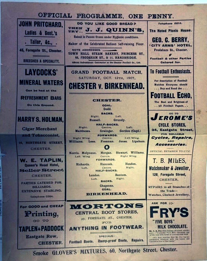 Chester vs Birkenhead 1907 Official Programme