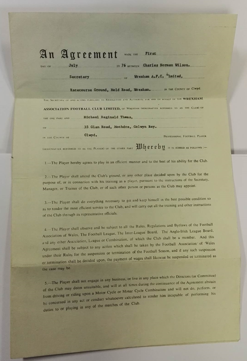 Mickey Thomas Wrexham AFC Contract 1976 Opened Out