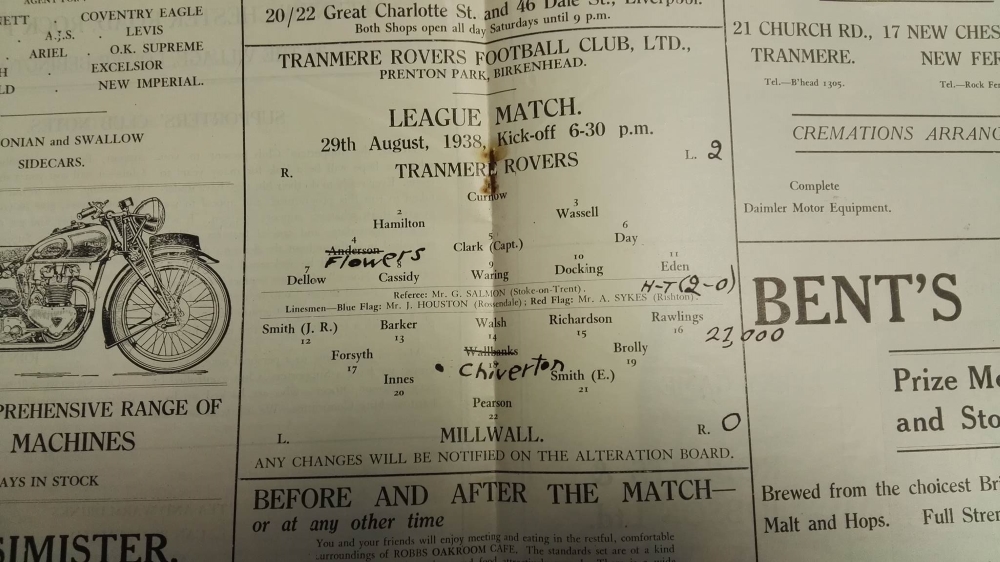 Tranmere Rovers vs Millwall Programme 1938 Inner