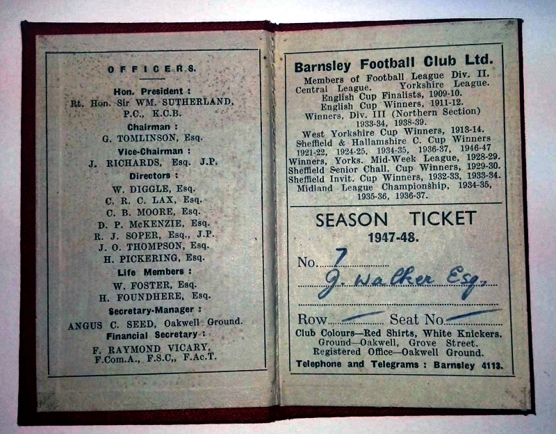 Barnsley Groundsman Season Ticket 1948-49 Inner 2