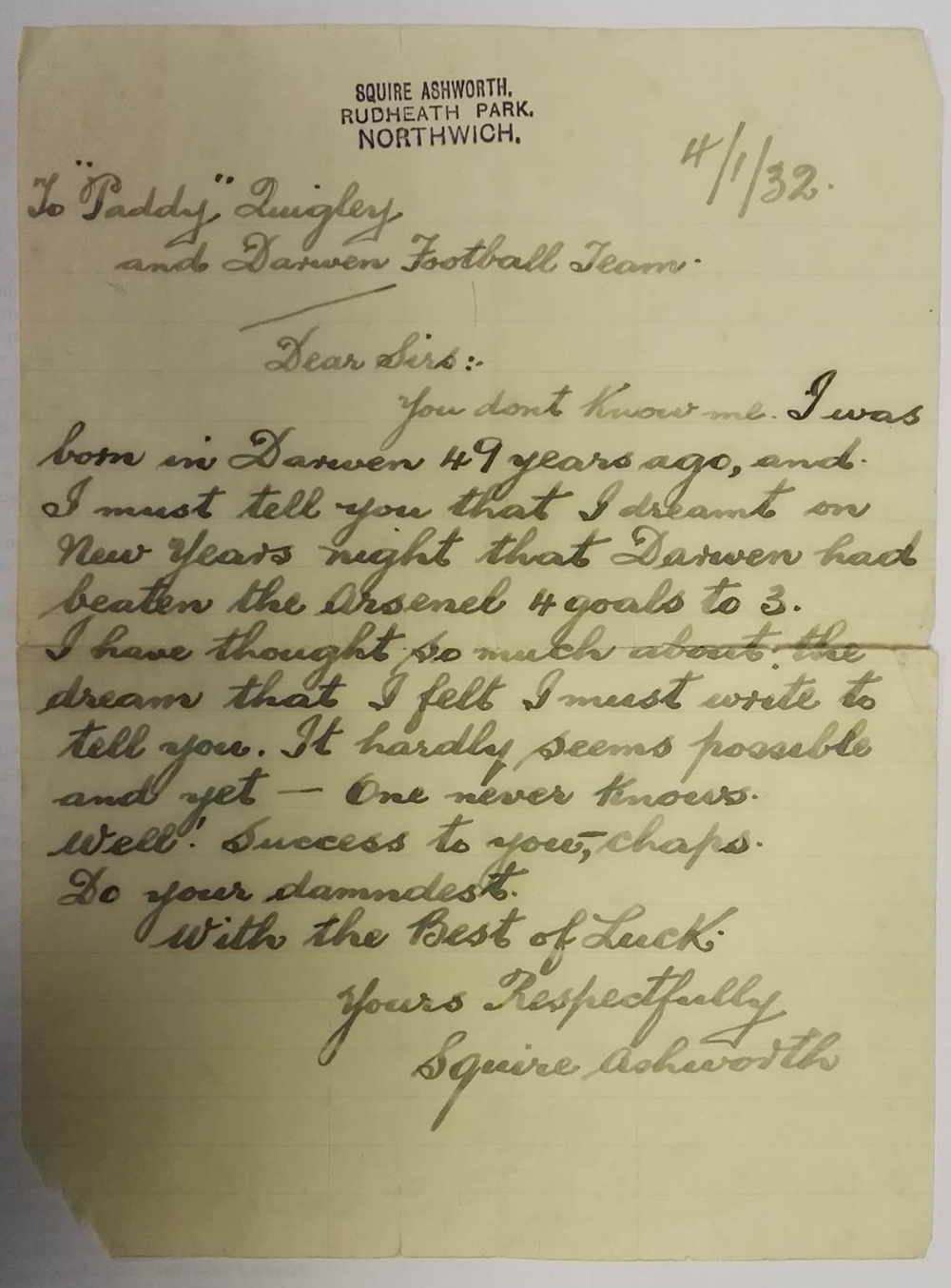 Darwen FC vs Arsenal FA Cup 1932 - Fan Letter