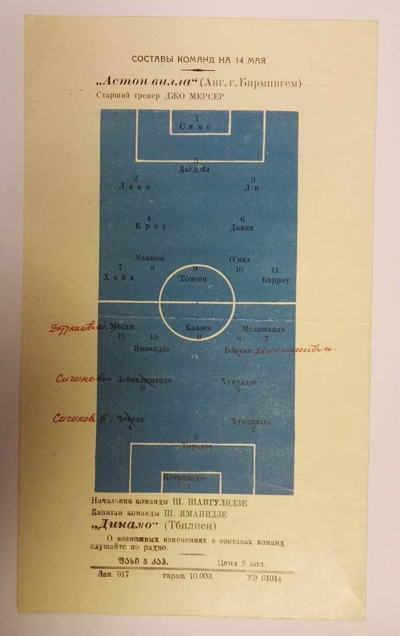 Aston Villa vs Dinamo Tblisi Programme 1961 Rear