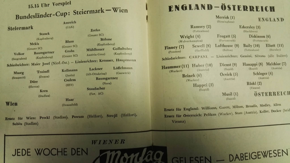 Austria vs England Programme Inner 3 May 1952
