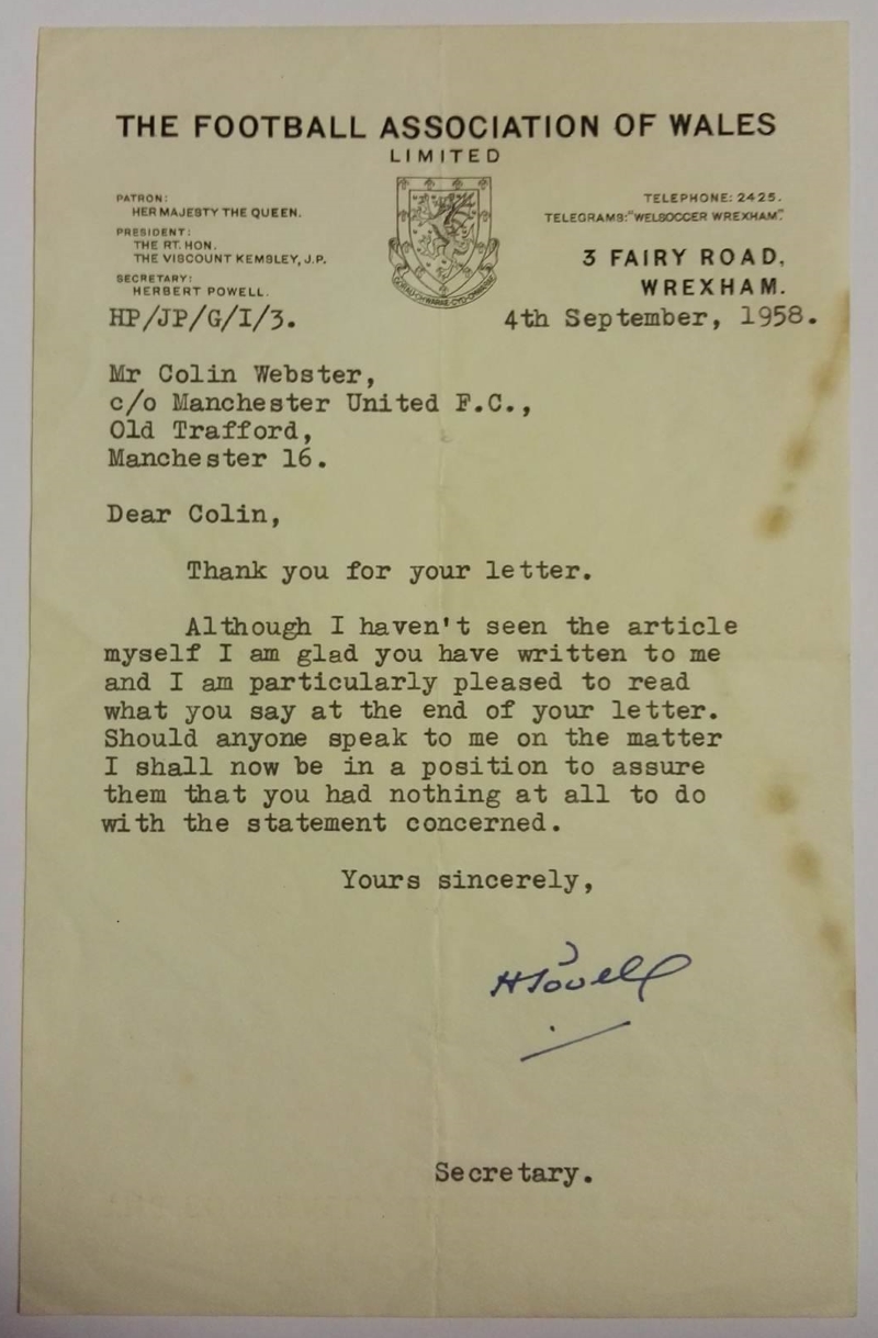 Colin Webster World Cup 1958 Wales Items - Letter