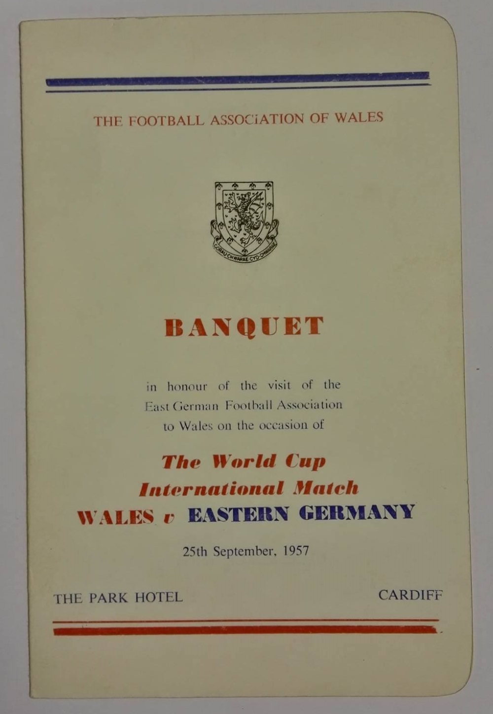 Wales vs East Germany Signed Menu September 1957 Front