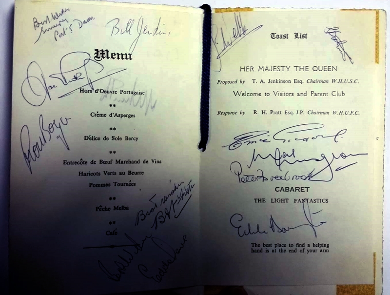 West Ham Challenge Cup Winners Dinner Menu 1964 Signed Inner