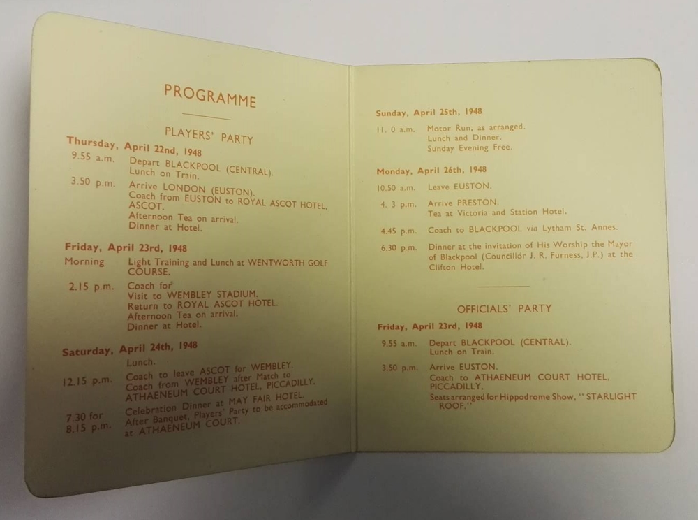 FA Cup Final 1948 Blackpool Player Itinerary Inner