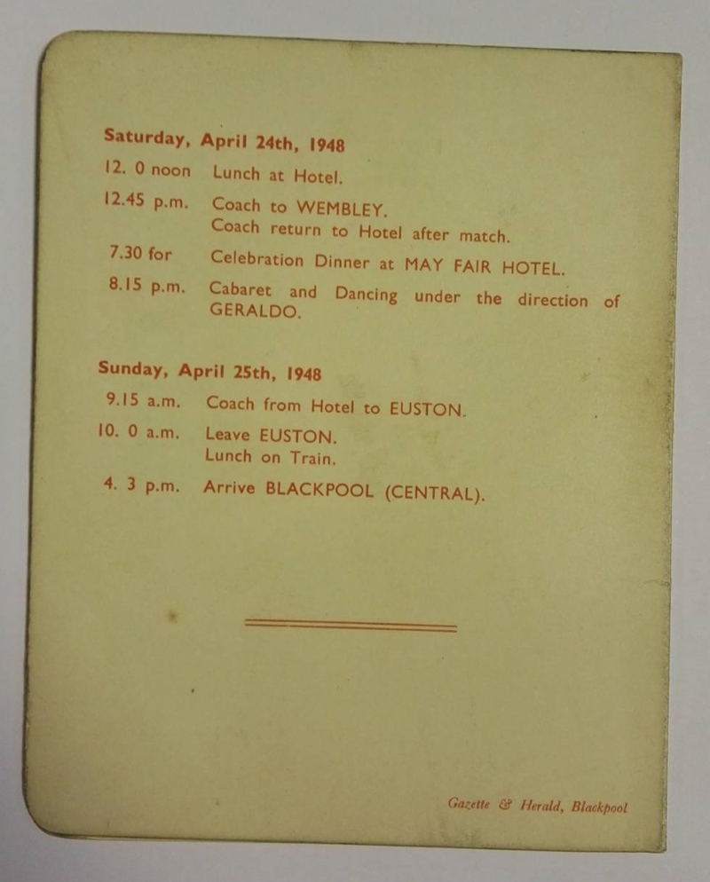 FA Cup Final 1948 Blackpool Player Itinerary Rear