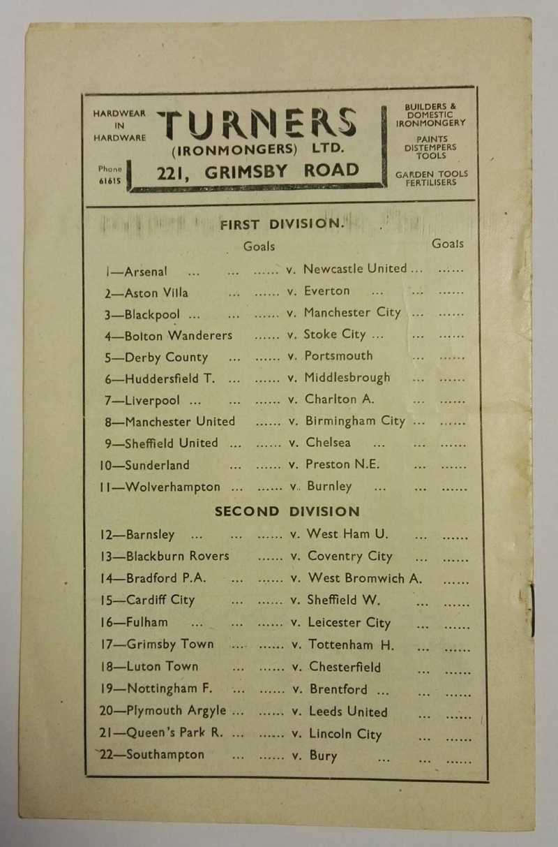 Grimsby Town vs Tottenham November 1948 Signed Programme Rear