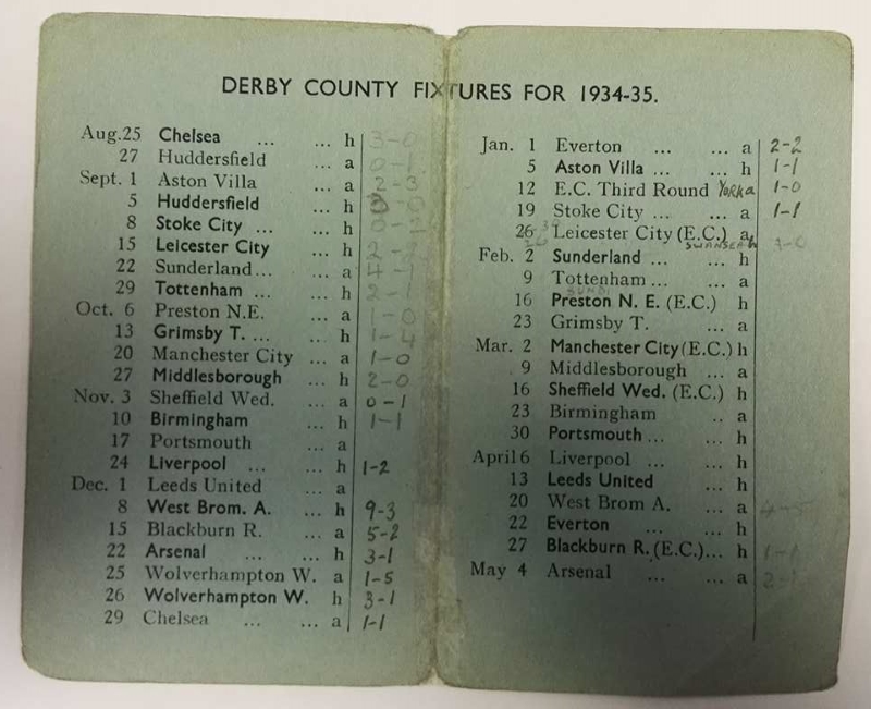 Derby County FC Fixture List 1934-35 inner