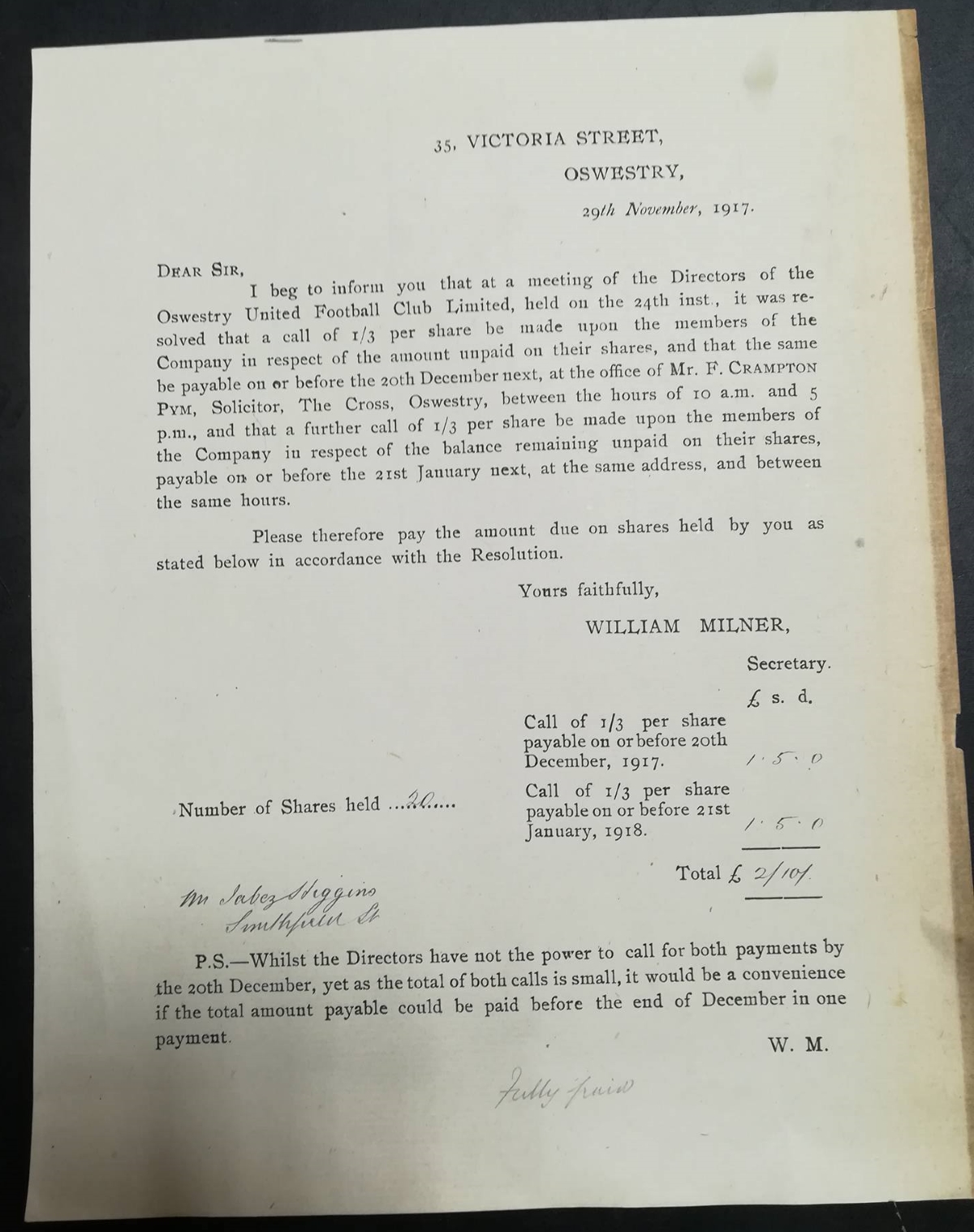 Oswestry United Shareholder Documents - Letter