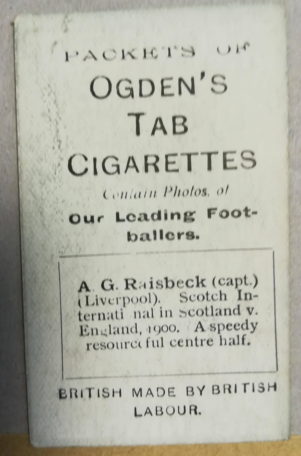 Ogden's Cigarette Cards - AG Raisbeck - Liverpool - Rear