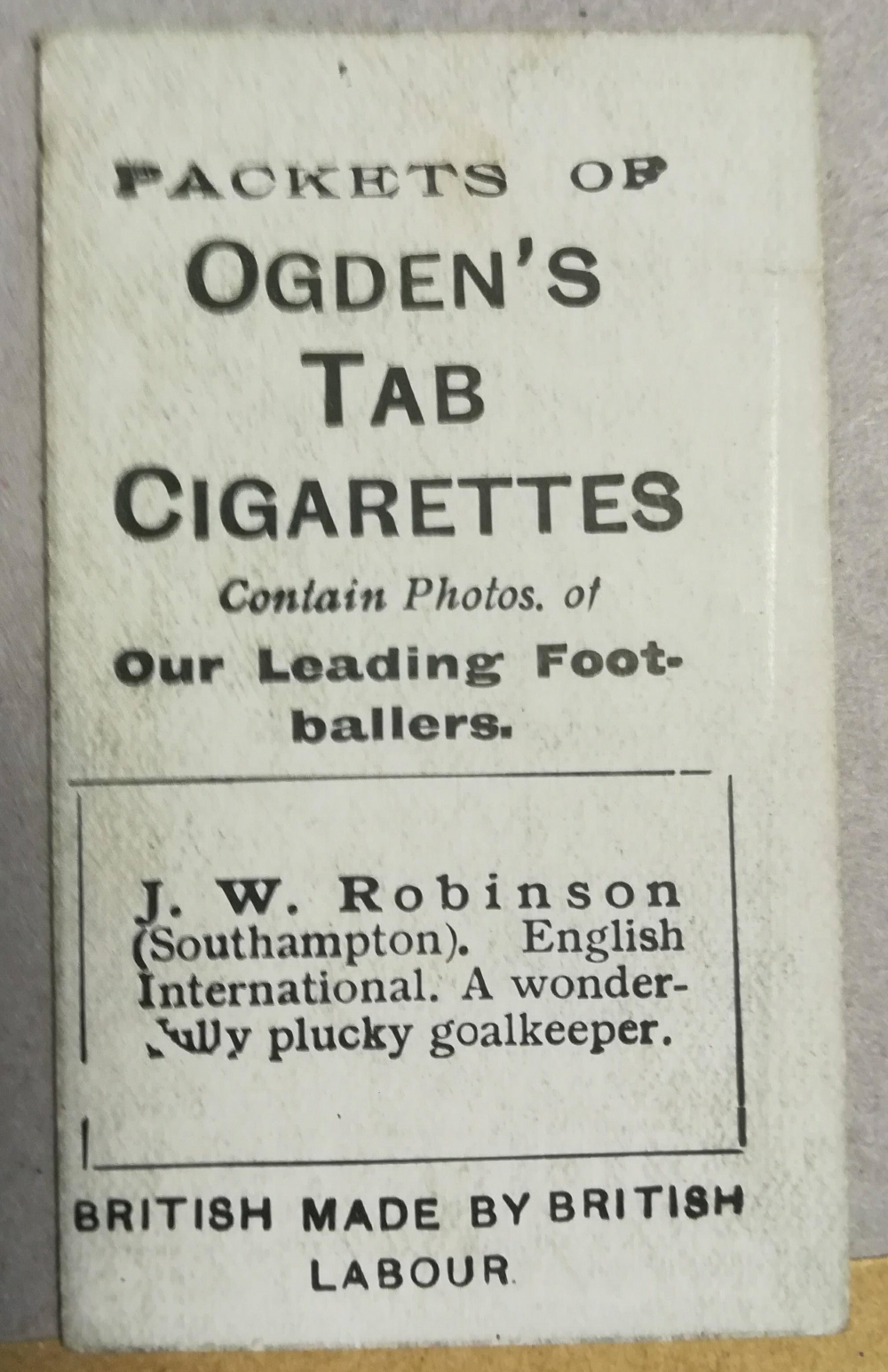 Ogden's Cigarette Cards - JW Robinson - Southampton - Rear