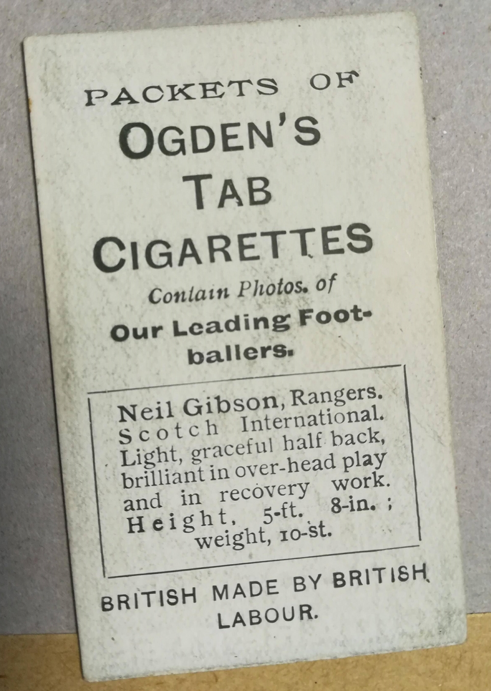 Ogden's Cigarette Cards - Neil Gibson - Rangers - Rear