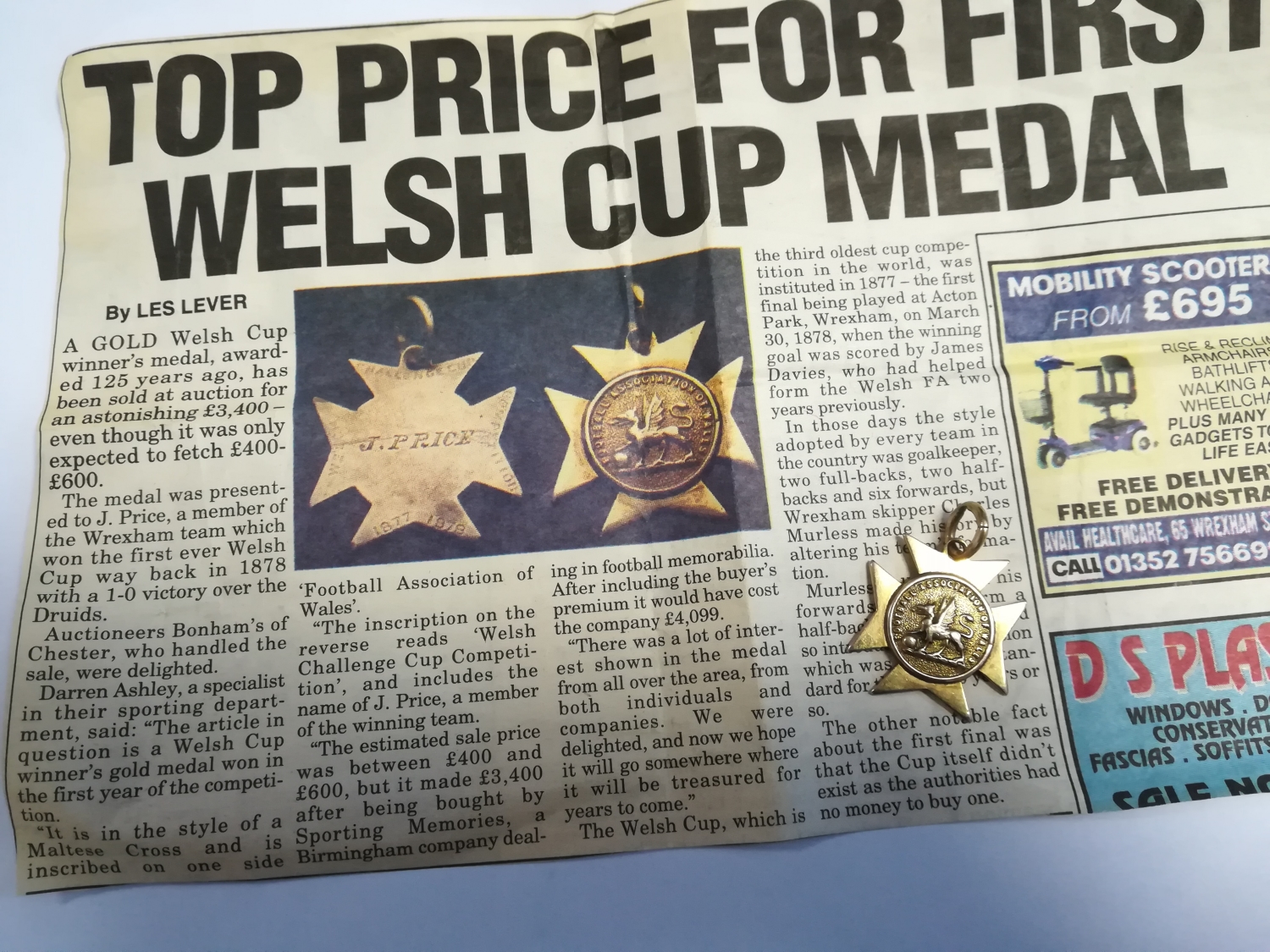 First Welsh Cup Final medal - J Price - 1878 - Paper