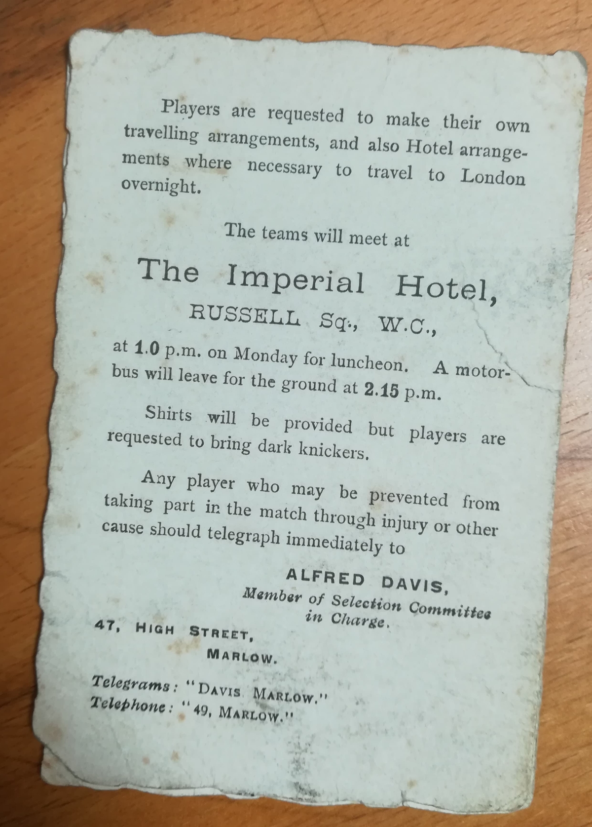 Amateurs vs Professional October 1913 Itinerary - Rear