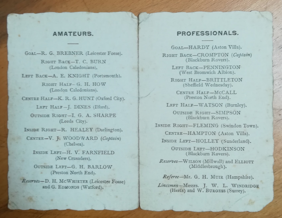 Amateurs vs Professional October 1913 Itinerary - Squads