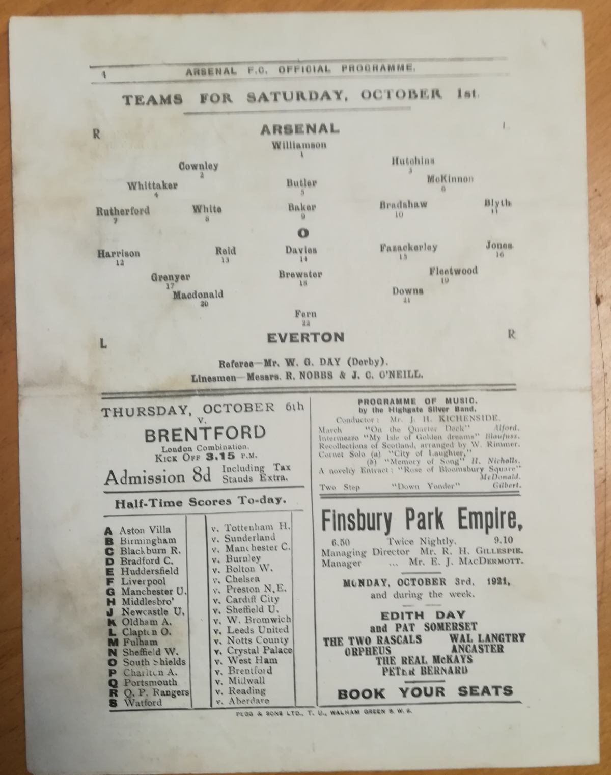 Arsenal vs Everton October 1921 Programme - Rear