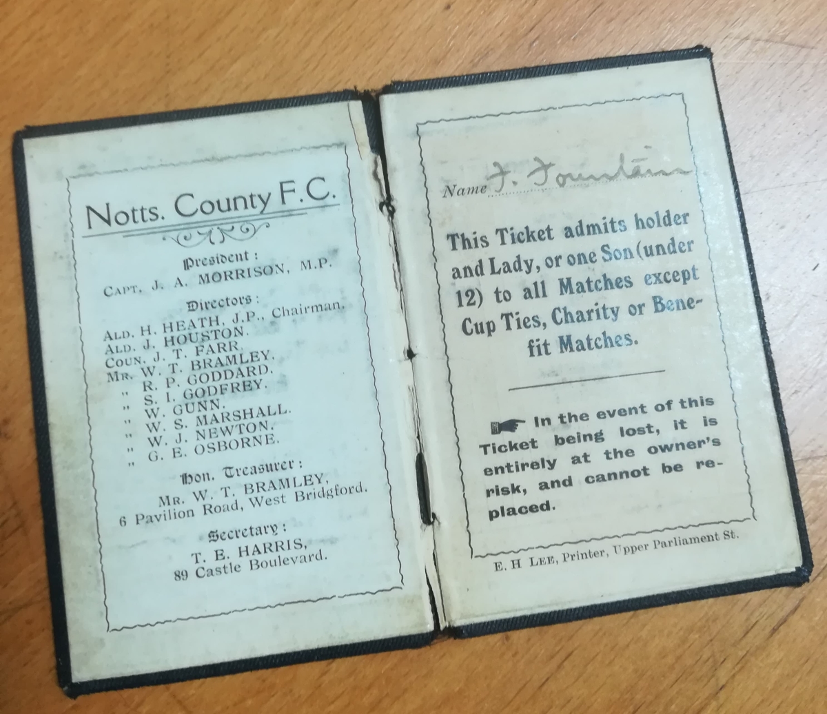 Notts County 1911-12 Season Ticket - Inner
