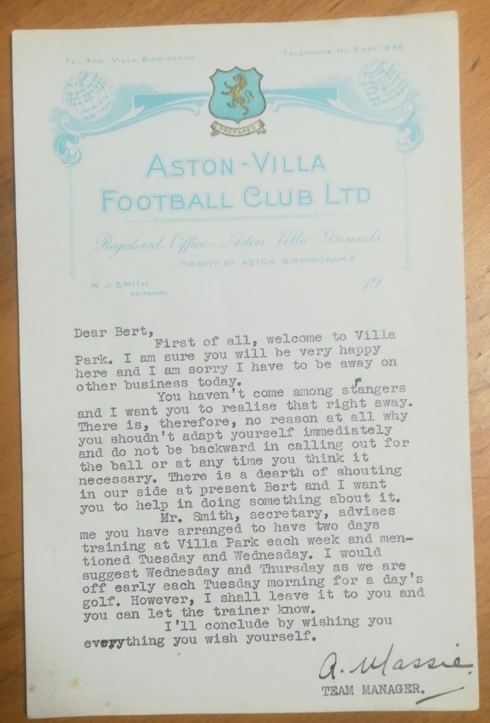 Bert 'Sailor' Brown - Aston Villa Welcome Letter