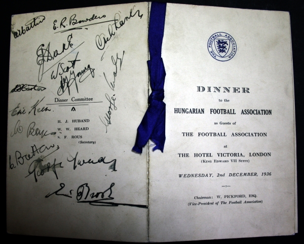 england-6-2-hungary-1936-signed-dinner-menu-outer england-6-2-hungary-1936-signed-dinner-menu-outer